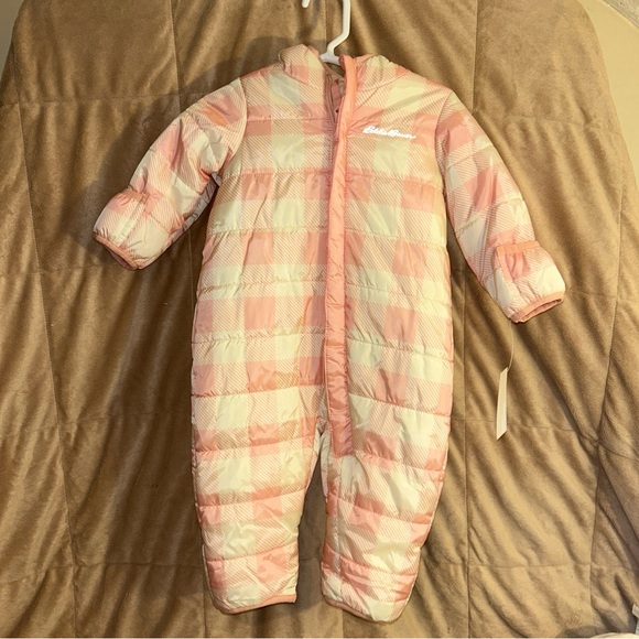 3-6 month baby girl pink and white checkered pattern Eddie Bauer snowsuit - Picture 1 of 8